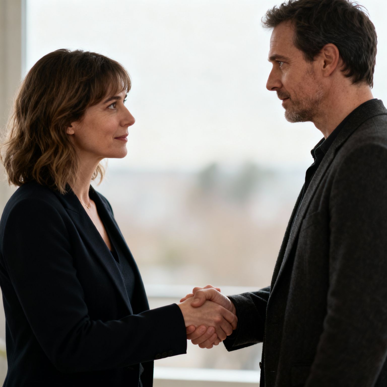 une femme et un homme se regardent en se serrant la main