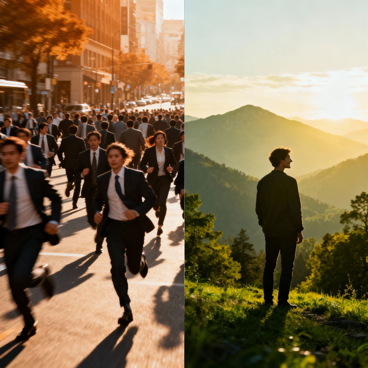 à gauche des personnes courrent dans une rue, à droite une homme debout et souriant, regarde un paysage vert